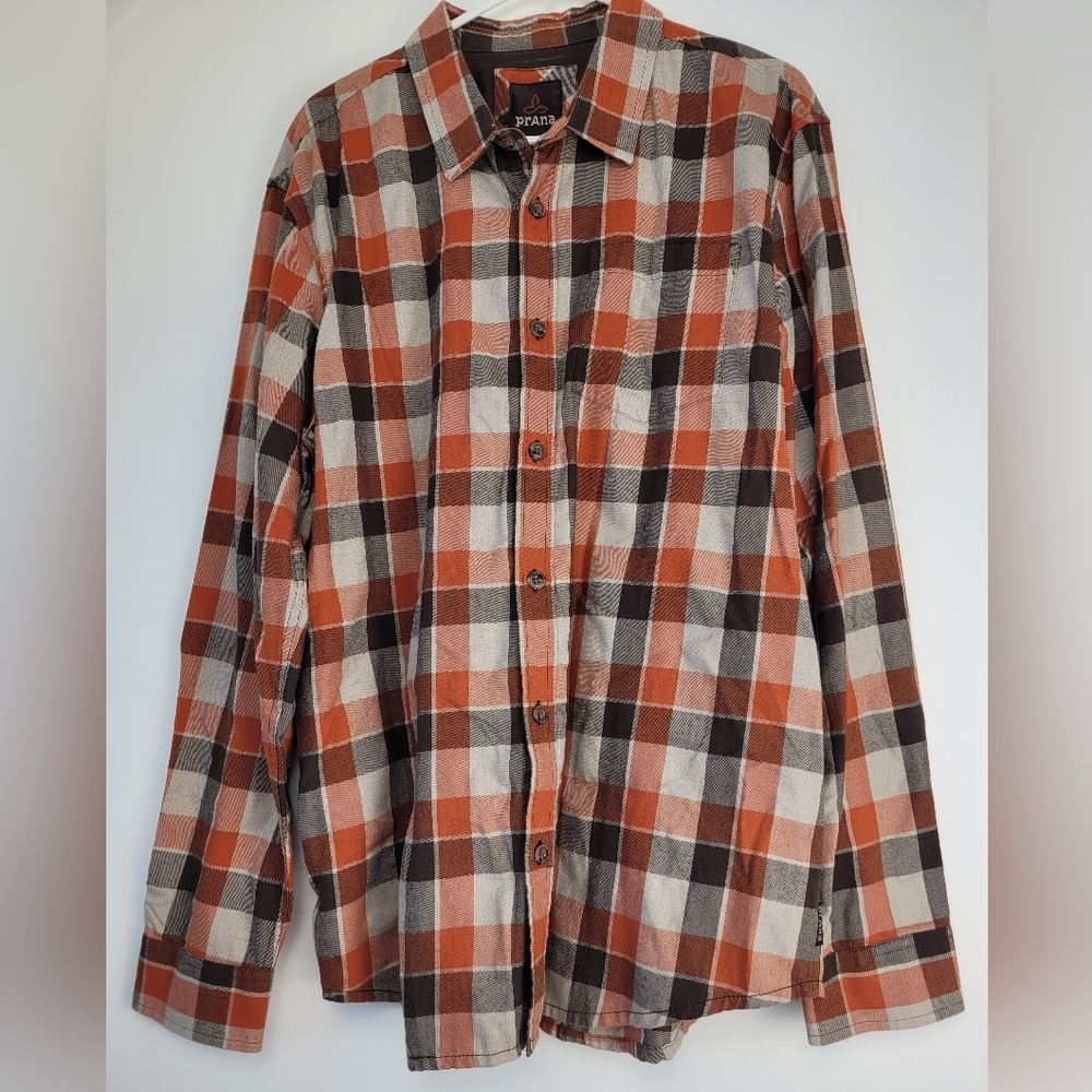 PrAna Orange & Brown Plaid Long Sleeve Button-Down Shirt XL